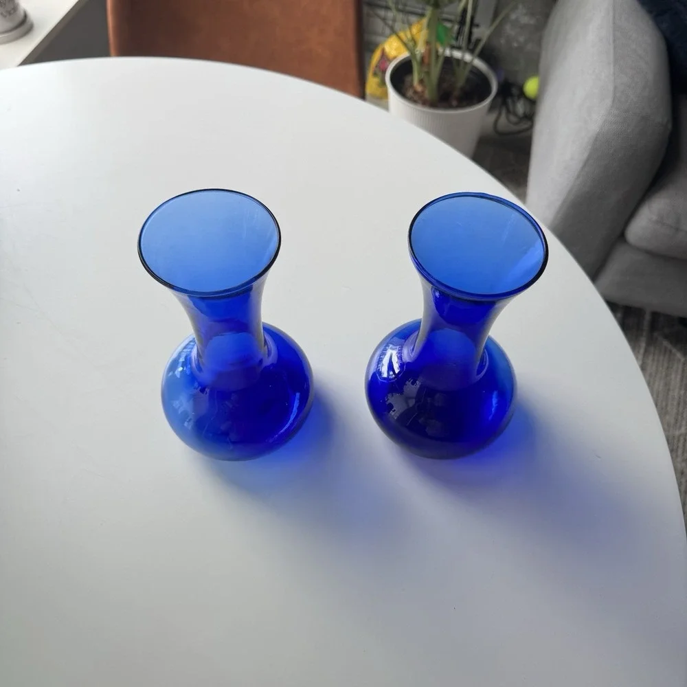 Pair Vintage Cobalt Blue Glass Bud Vases Flared Rim 8